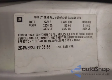 2001 Buick Century Custom from USA, damaged, VIN 2G4WS52J511133166